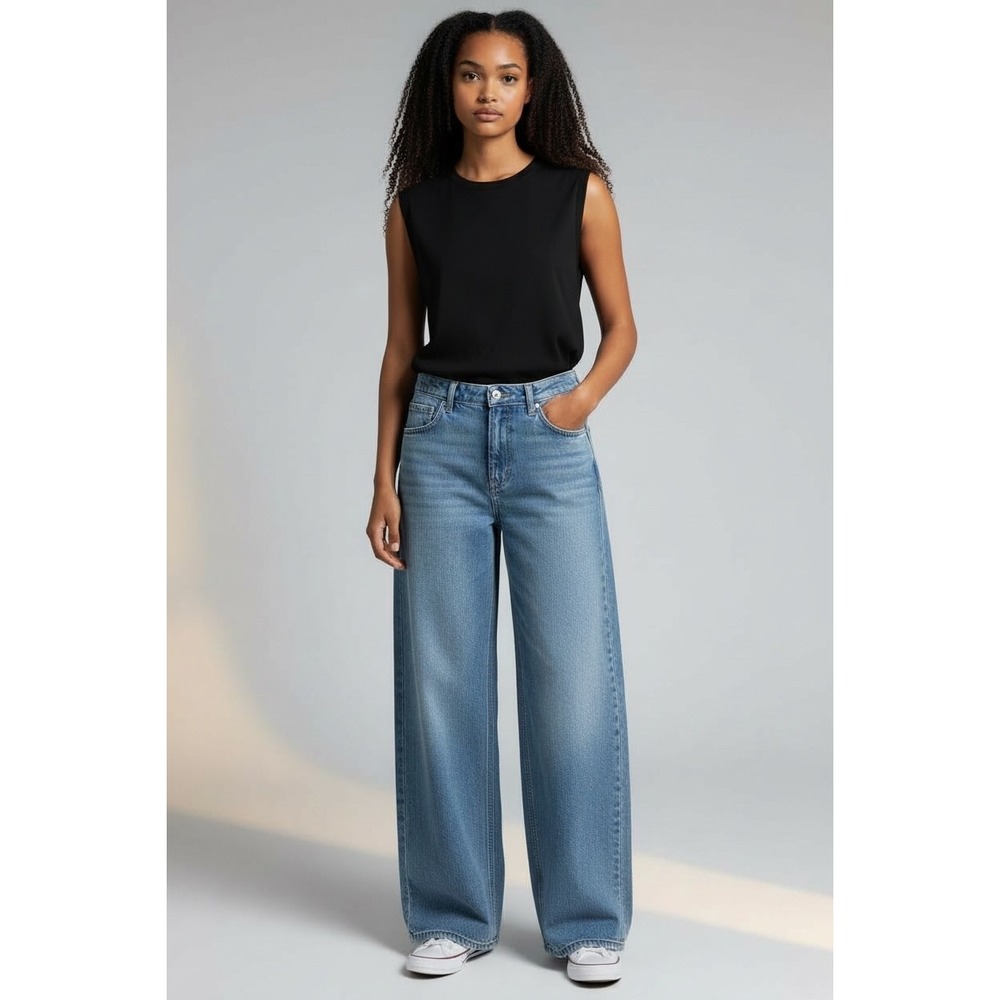 HDLTE Womens Wide Leg‎ Jeans Light Wash Denim High Rise Size Classic Size Medium